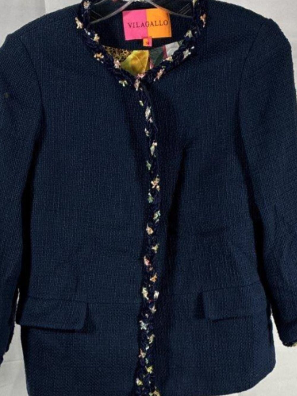 Vilagallo Women's Navy Blazer Braided Trim Safari Animal Print Lining Size 38